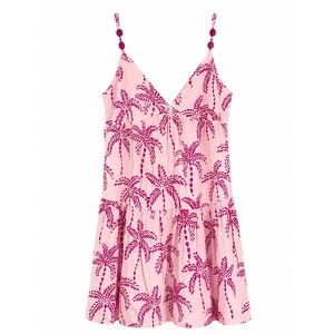 NWT True Destinations Sundress Small Pink Palm Tree Beaded Strap Resort Boho